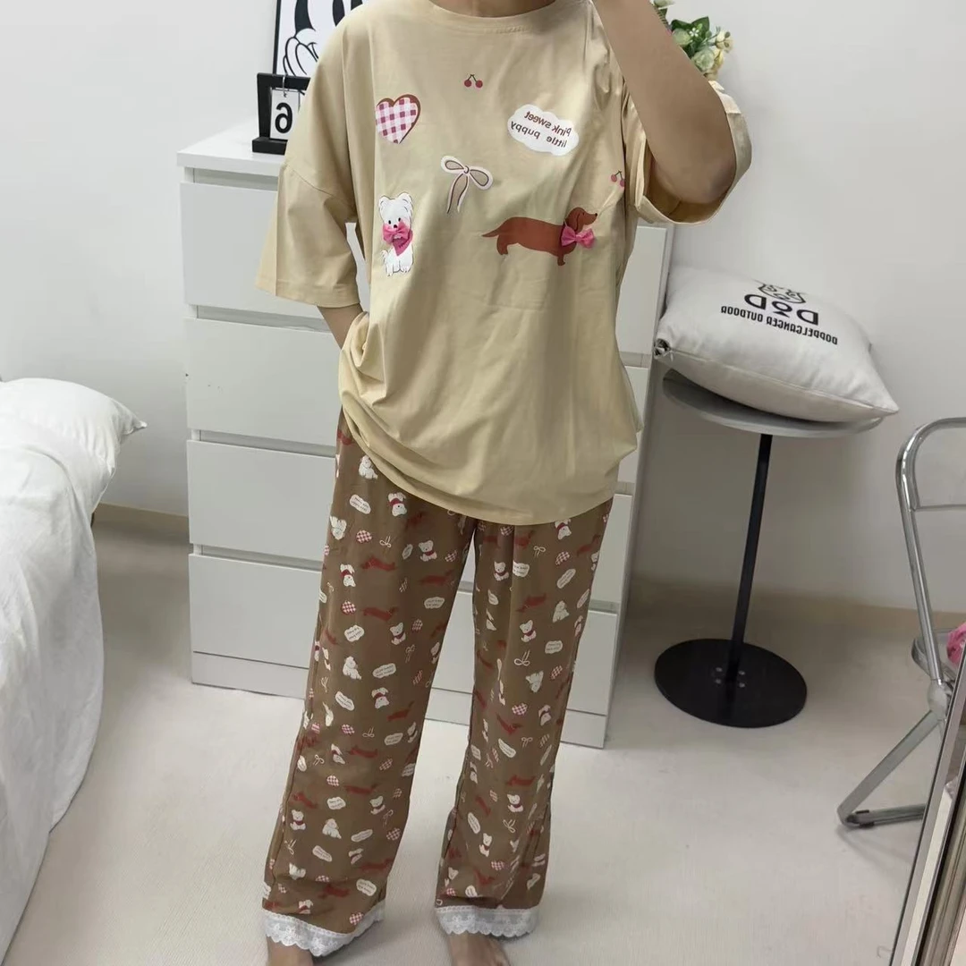 新品短袖长裤宽松AB版女士睡衣爱心狗狗AB宽休闲时尚居家家居服