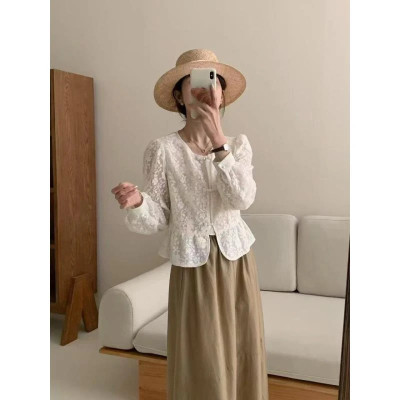 玲姐定制-气质蕾丝复古开衫微透盘扣简约衬衣20124