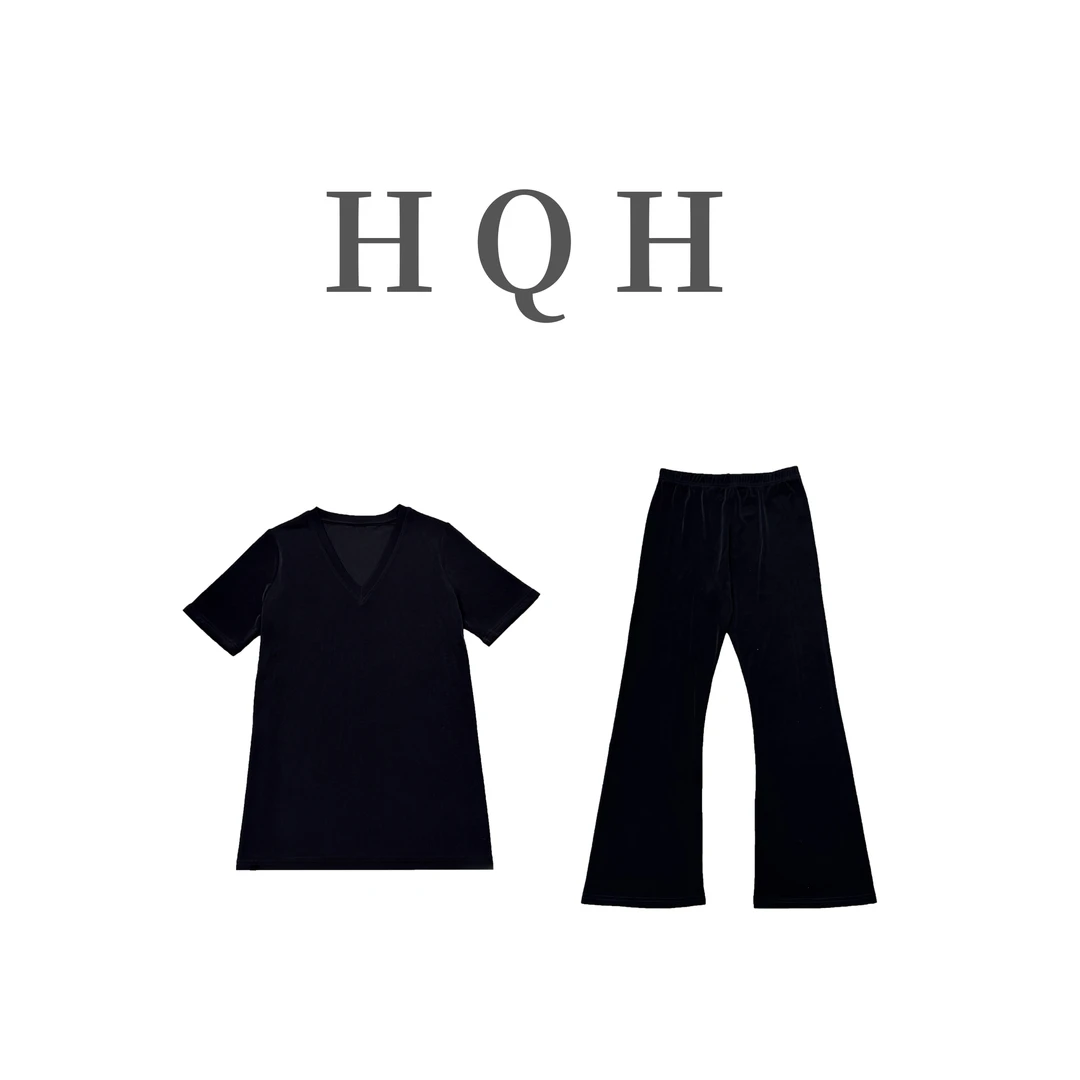 『23#』夏季V领慵懒风气质时尚宽松百搭T恤高腰微喇裤醋酸俩件套