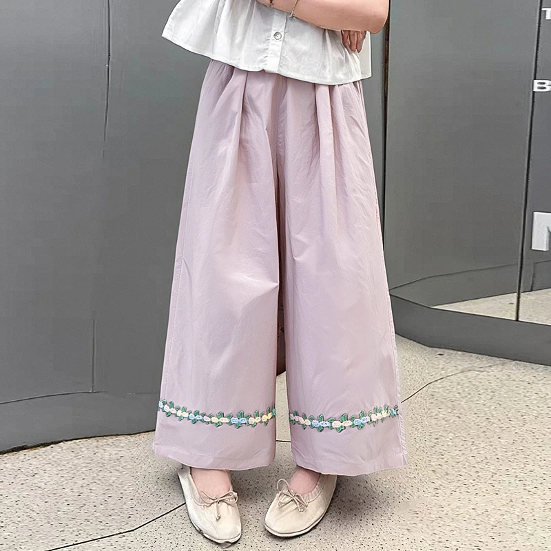 女童森系花边九分裤网红洋气薄款儿童阔腿裤2025夏季宽松休闲裤