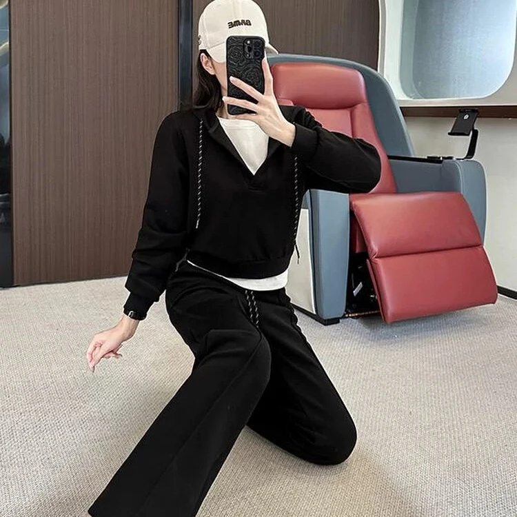 时尚套装女2025春秋休闲百搭气质假两件拼接连帽卫衣阔腿裤两件套