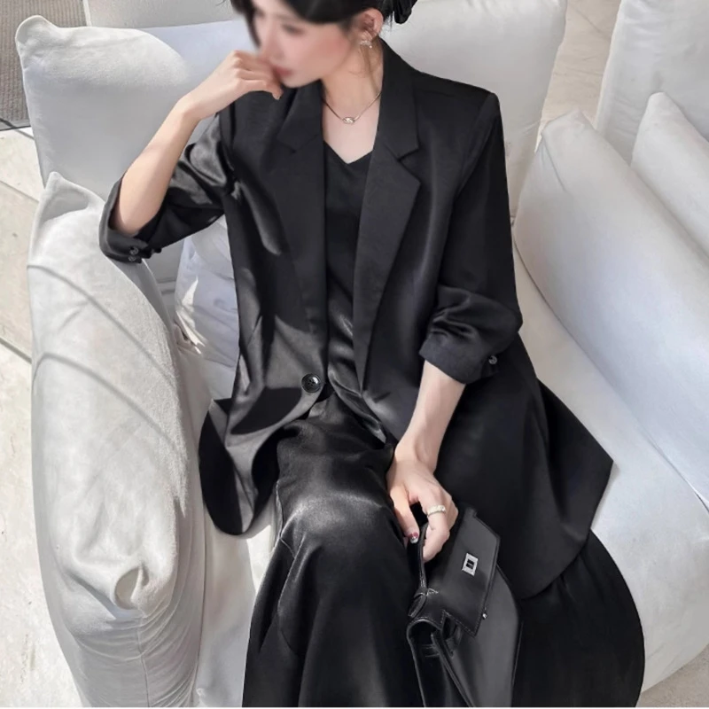 薄款西装外套女胖mm韩版显瘦缎面七分袖职业西服防晒衫吊带连衣裙