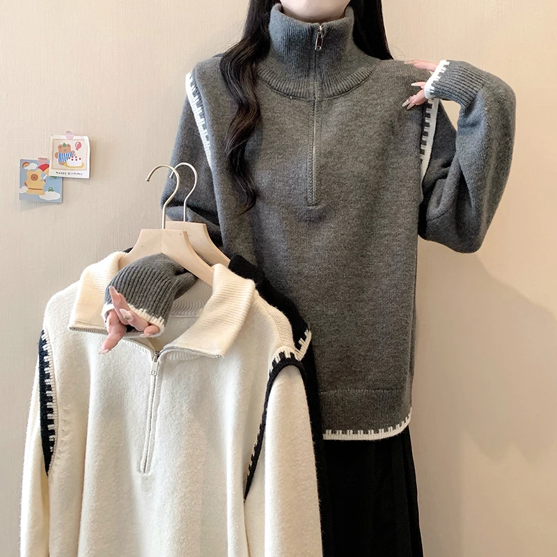 2025大码女装冬季新款半拉链高领毛衣拼接加厚保暖针织衫简约风