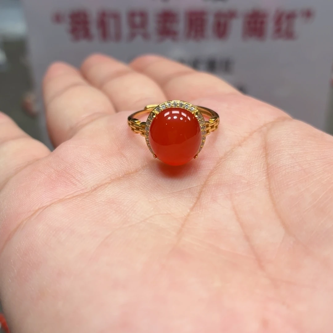 银S925镶嵌戒指南红玛瑙原矿保山小庄冰红戒指