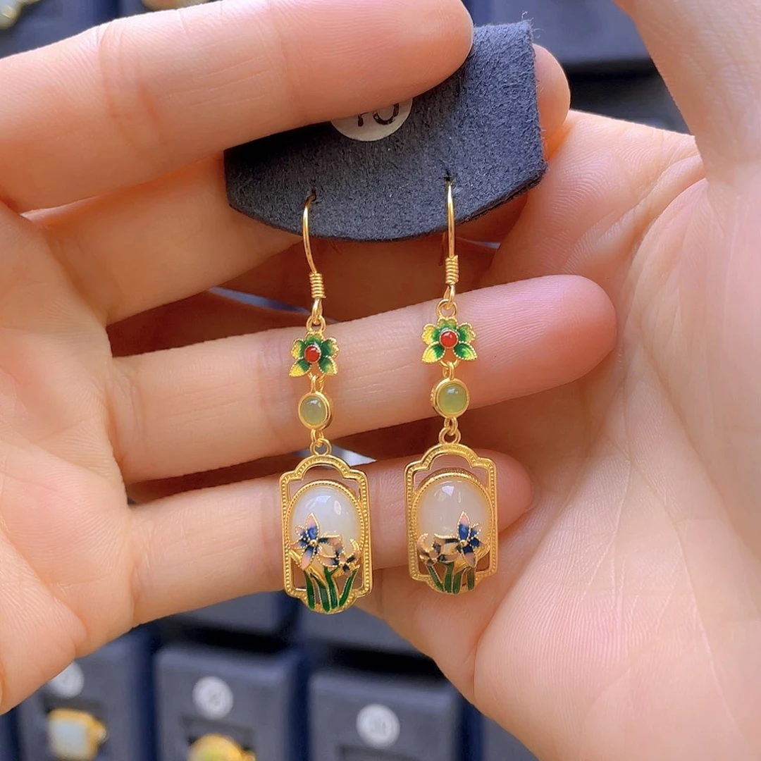 和田玉耳饰银S925镀金镶嵌