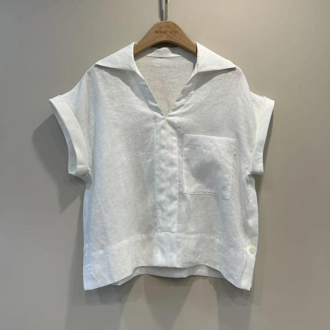 法式短袖防紫外线夏季成人衬衫上衣衬衣韩版纯色翻领