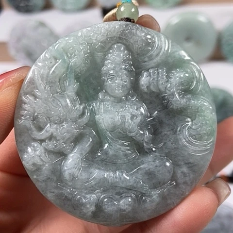 翡翠颈饰未镶嵌玉龙观音山水财神爷两面工福利乌鸡料