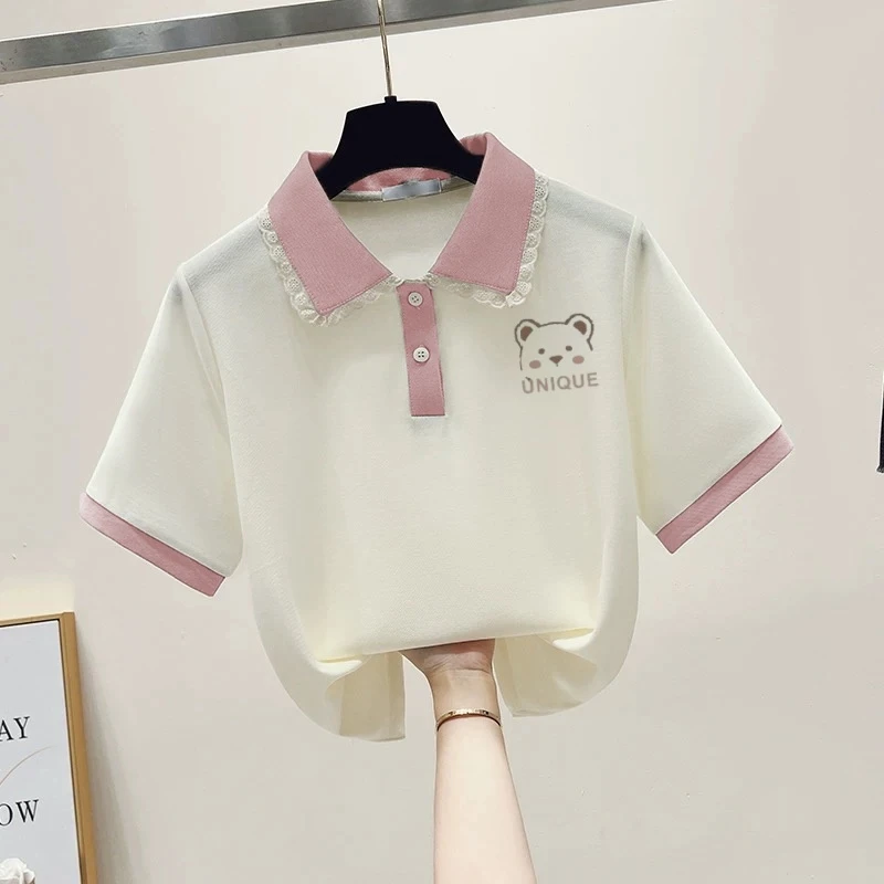 女童新款POLO衫2025夏季短袖花边翻领中大童撞色可爱印花上衣洋气