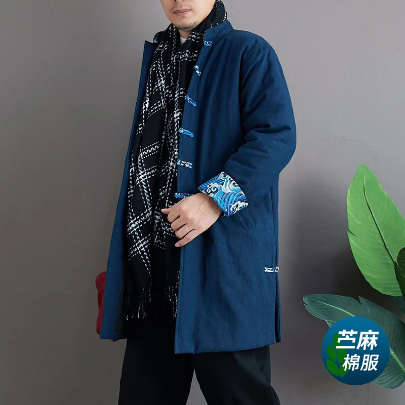 唐装男款秋冬款中长款棉服外套中国风立领盘扣棉衣新中式苎麻棉袄