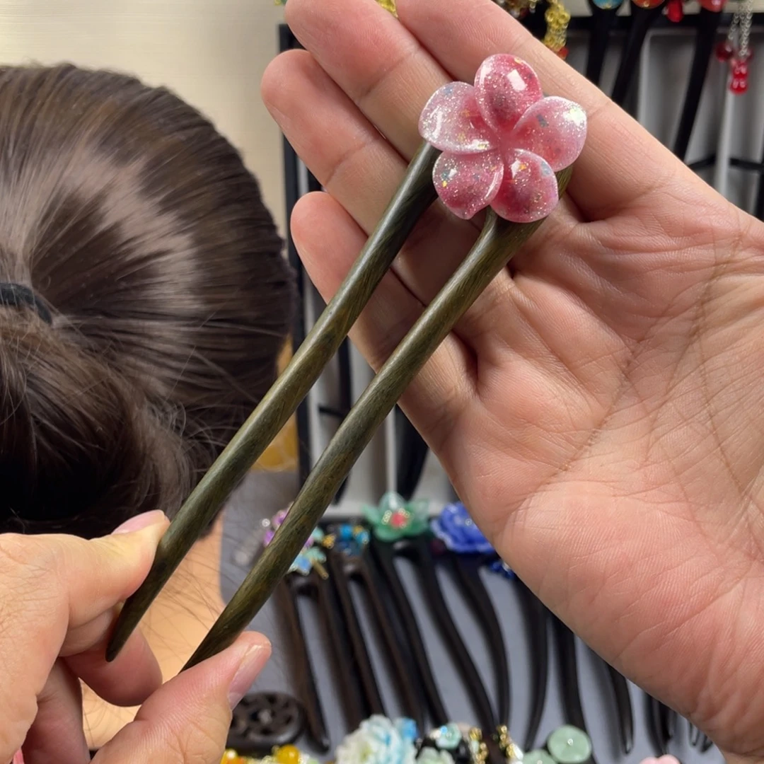 木质非金属15厘米绿檀木双钗