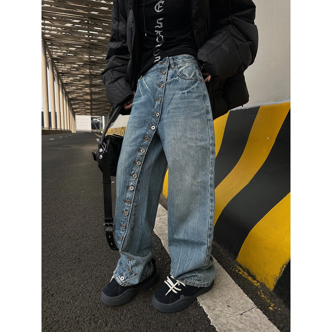 嘉仪【加州蓝天】斜门襟牛仔裤