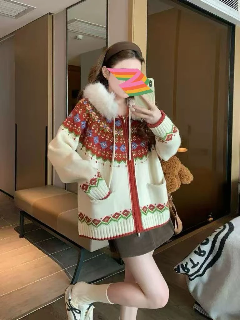 费尔岛宽松连帽红新年学院衣服女毛衣外套2025新穿搭慵懒针织开衫