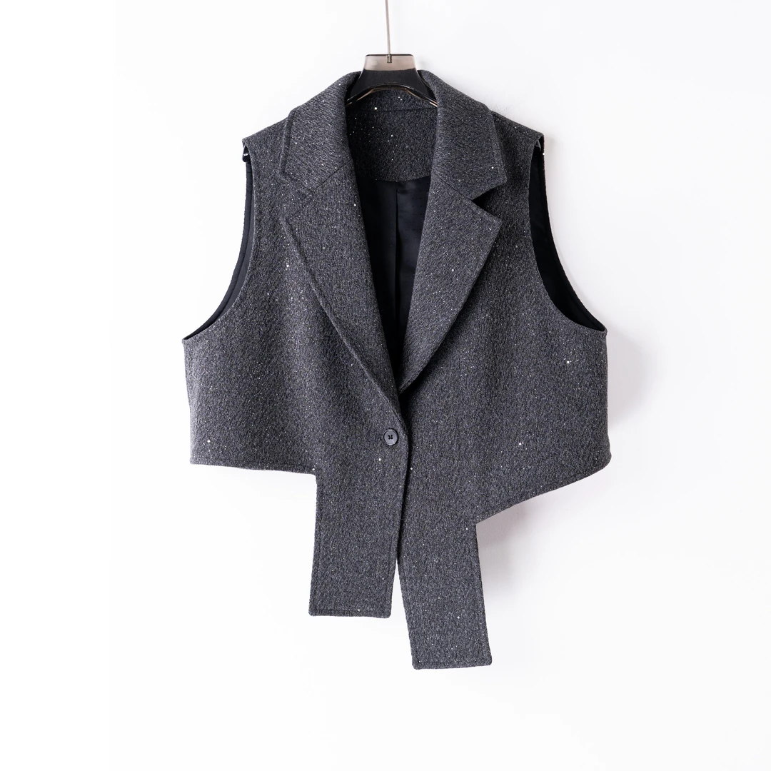 PW241164大码女装胖MM时尚百秋冬加厚百搭休闲马甲设计感亮片