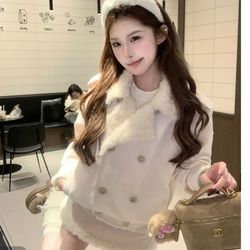 麻吉mochi冬雾北海道粉杏色加厚毛外套秋冬同色系半裙套装7676梵