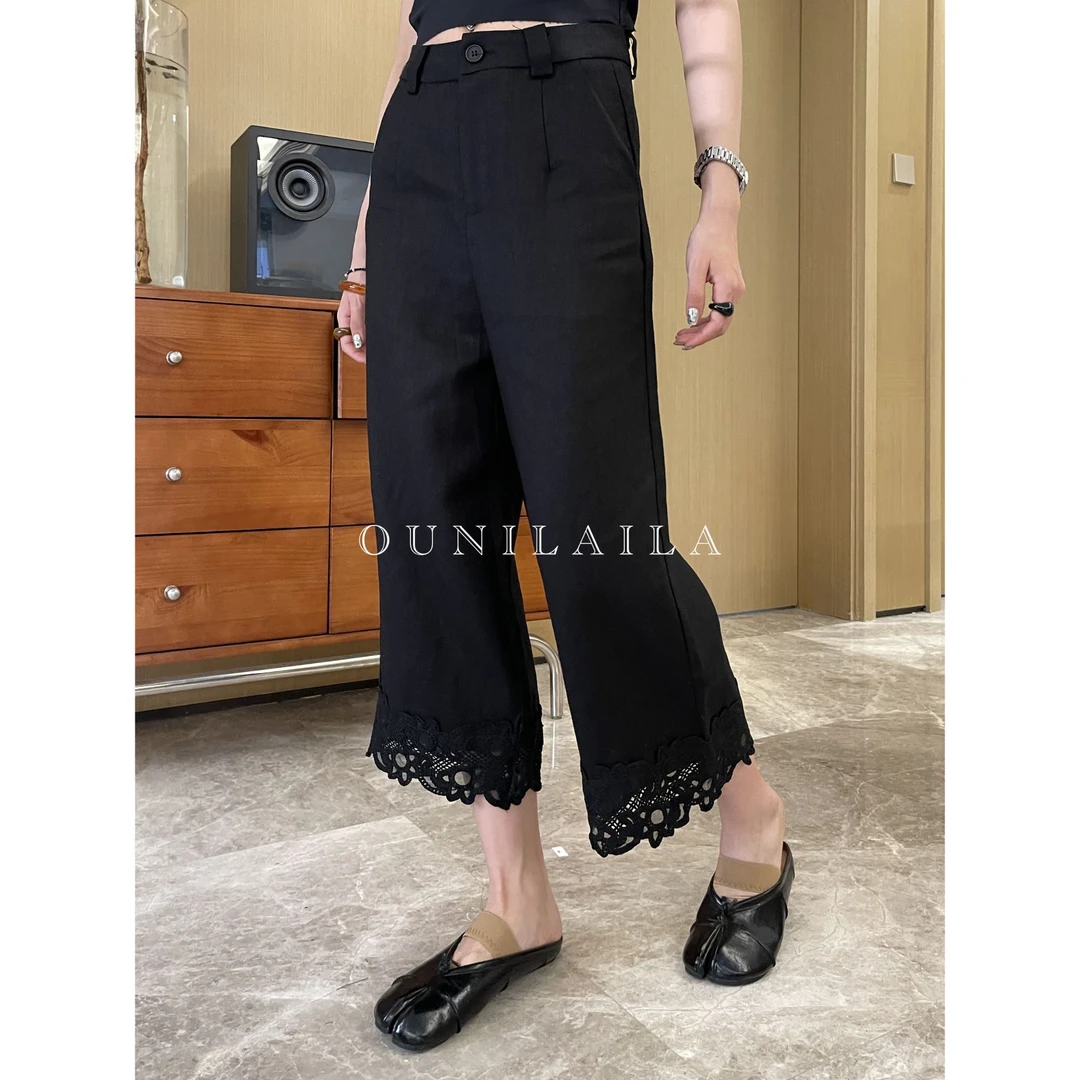 欧尼家【绕线裤】勾边小花边拼接阔腿裤 / 亚麻极简休闲裤KZ7993N