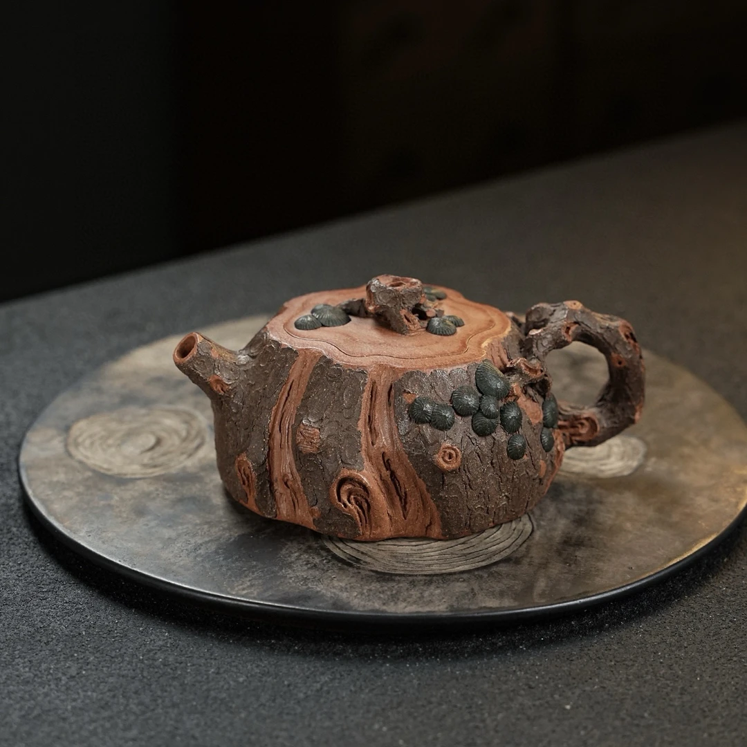 宜兴紫砂壶 全手壶桂林松桩·小精品·275cc原矿紫砂料  手贴绿松针