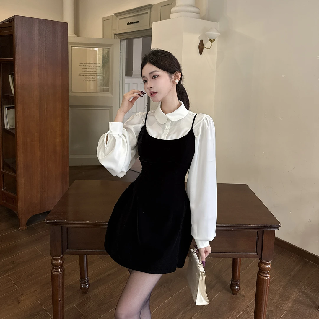 法式富家千金风衬衫长袖吊带裙时尚套装秋冬洋气复古气质显瘦短裙