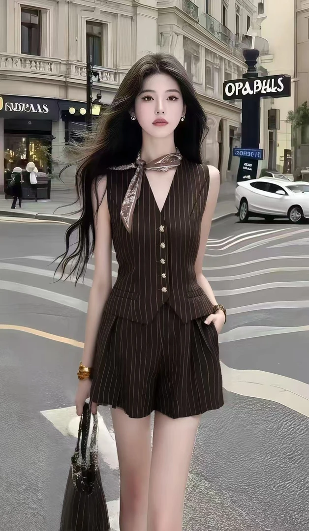 简约时尚休闲风气质显瘦女装咖色条纹V领无袖上衣+咖色百搭短裤女