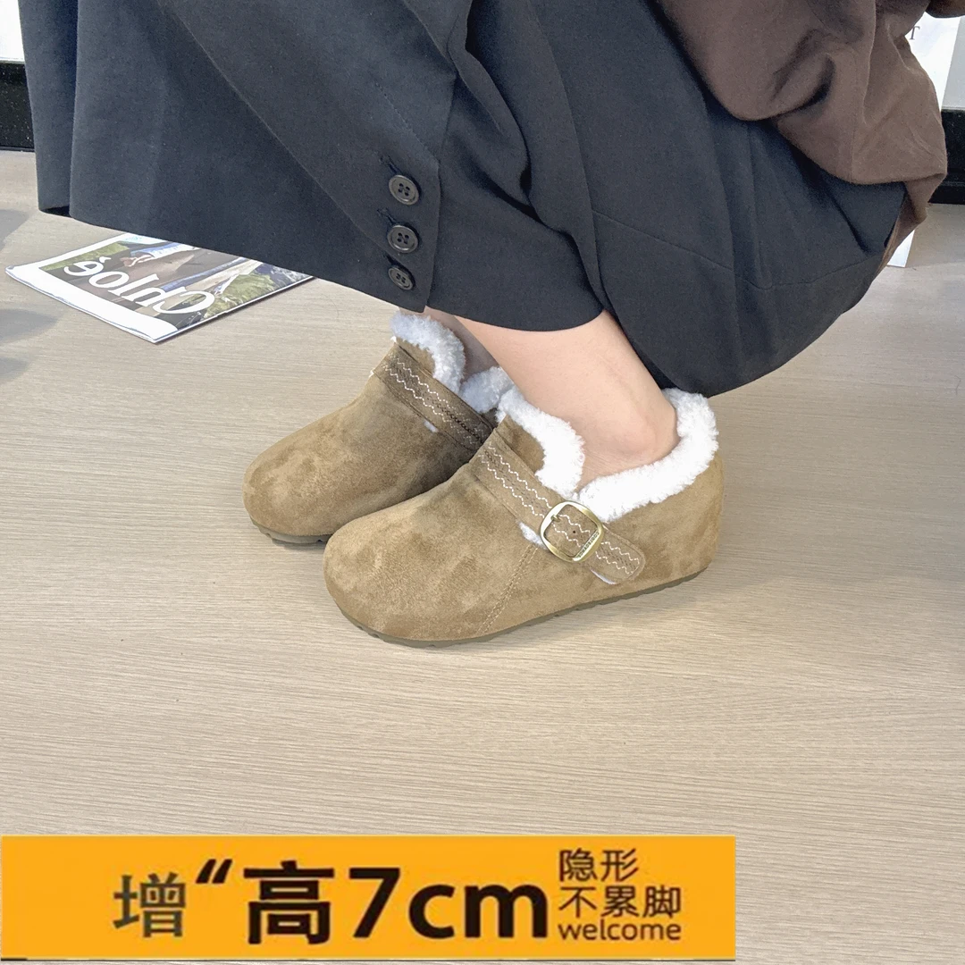7cm复古加绒吐司勃肯鞋毛毛鞋女外穿厚底保暖单鞋百搭一脚蹬棉鞋