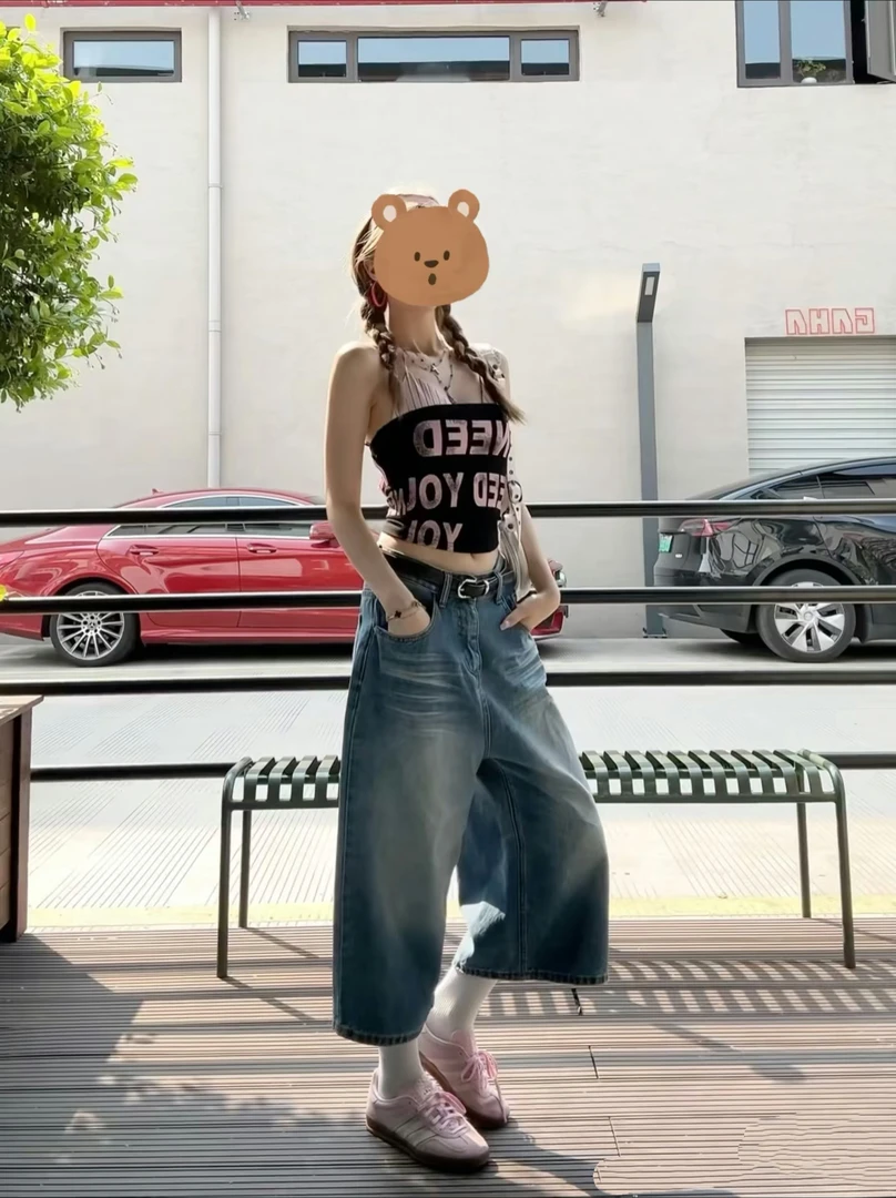 大码弯刀阔腿工装七分牛仔裤