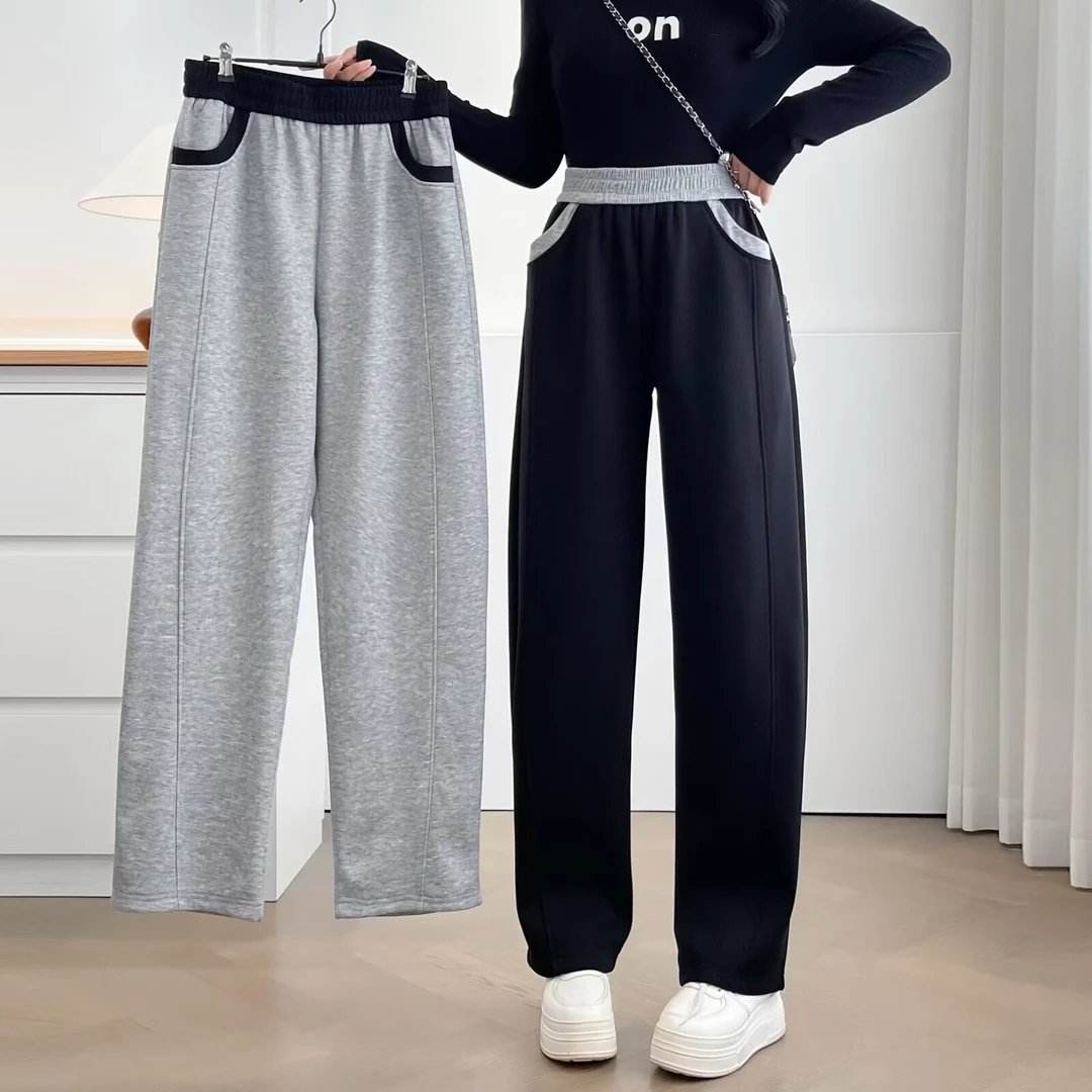 奢怡雅欣宇大码洋气显瘦高腰松紧拼色休闲加绒加厚弯刀裤#依8642