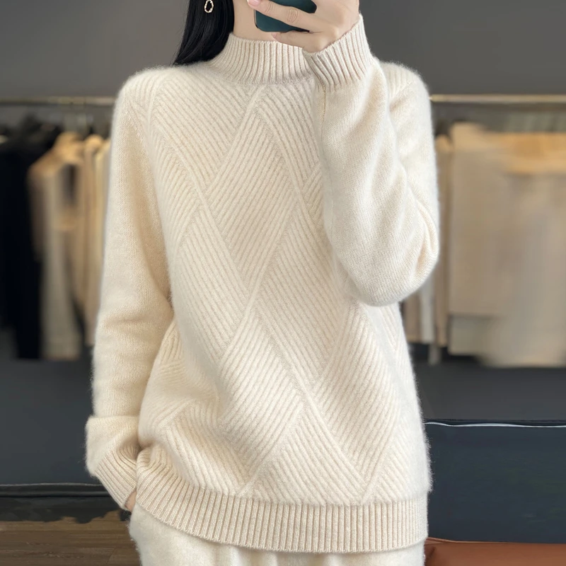 秋冬款100纯羊毛衫女加厚半高领毛衣菱形保暖百搭针织衫