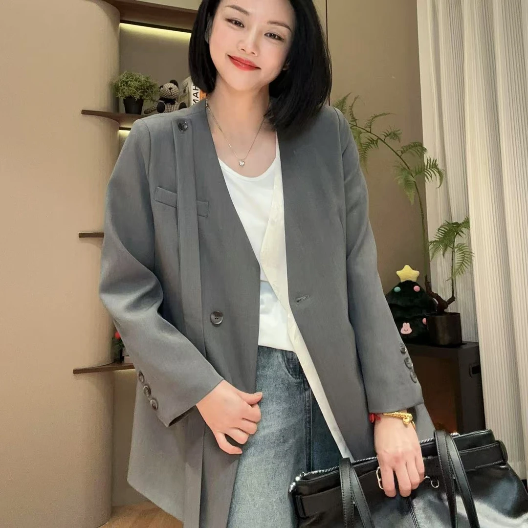 春季竹影暗纹提花假两片飘带西装外套5-2-22