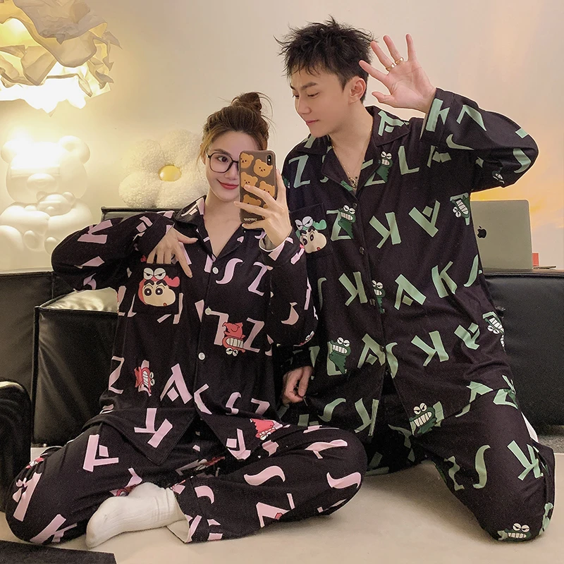 春秋季德绒情侣睡衣长袖可爱卡通2025新款保暖蜡笔小新家居服套装