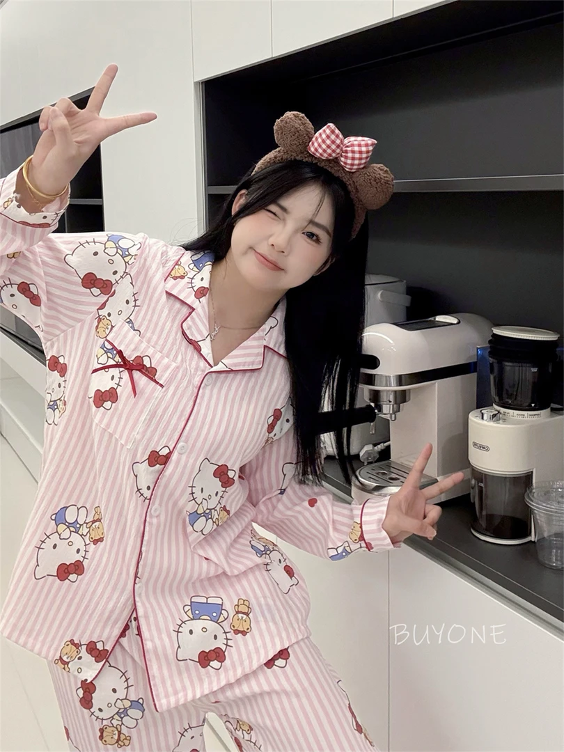 【粉条凯蒂】大码睡衣女胖MM200斤长袖长裤云朵棉粉条纹KT印花