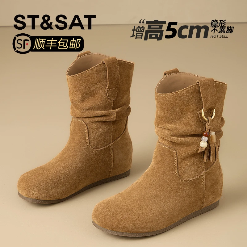 星期六真皮复古堆堆靴女2025秋季款内增高圆头勃肯短靴西部牛仔靴