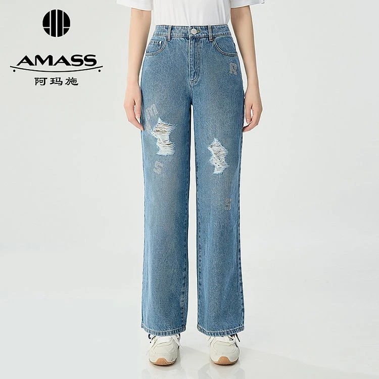 阿玛施早春新款简约休闲破洞复古烫钻时尚高腰直筒牛仔裤510008