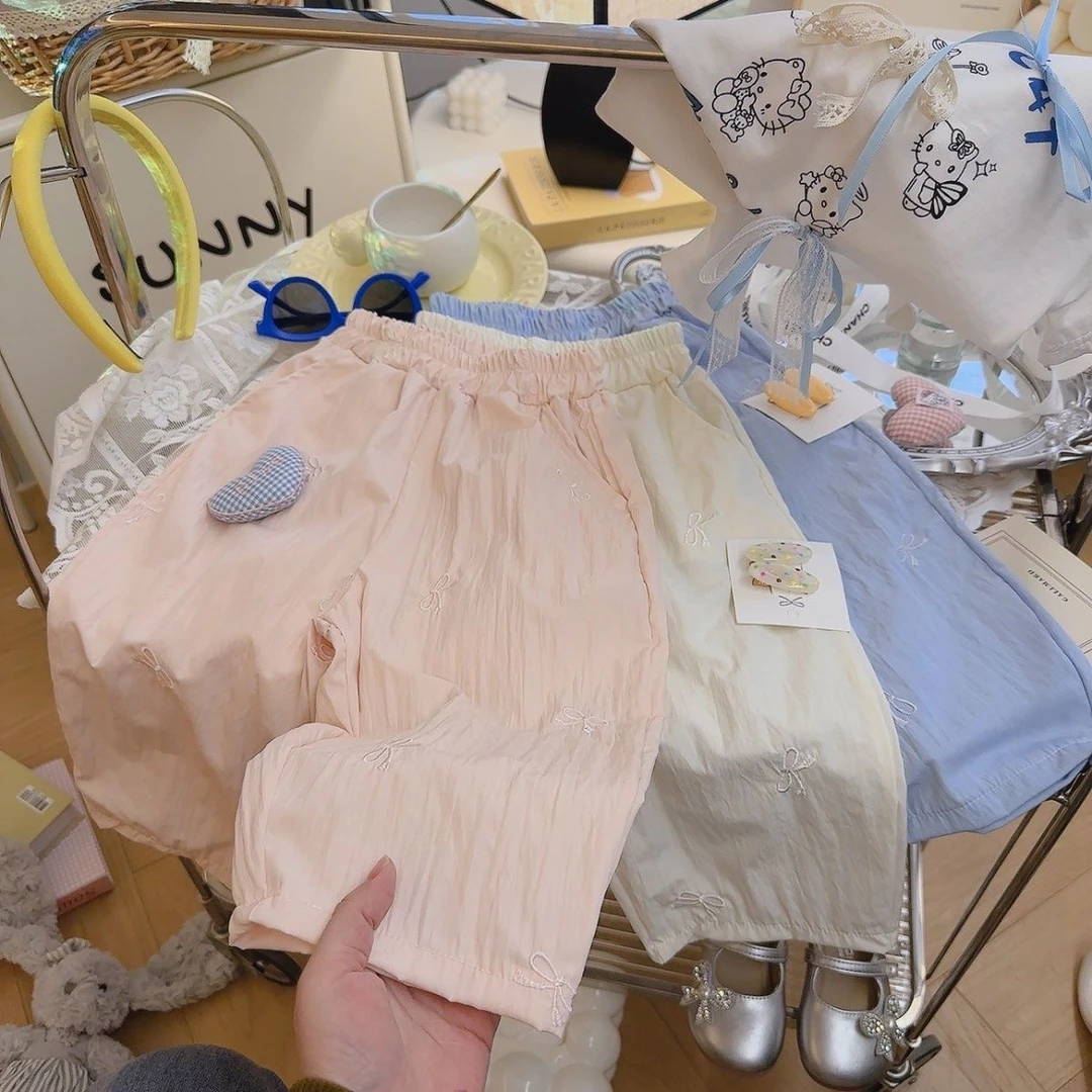 2025女童夏季防蚊裤宝宝新款刺绣蝴蝶结阔腿裤中小童洋气弯刀裤