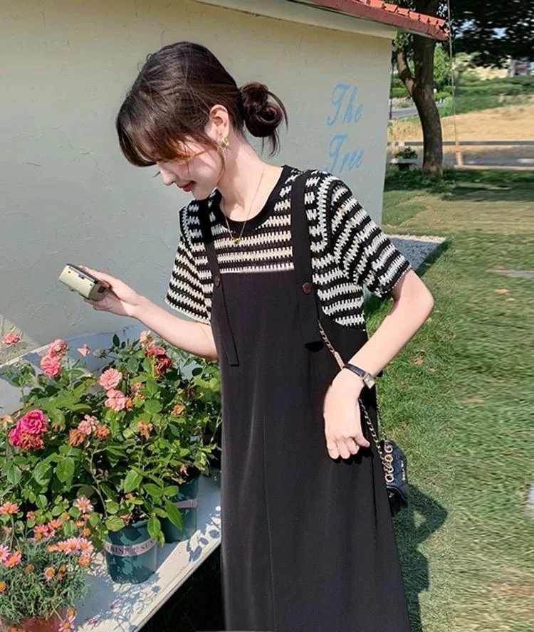 大码孕妇装夏季连衣裙2025款韩版减龄假两件条纹中长款裙子7043