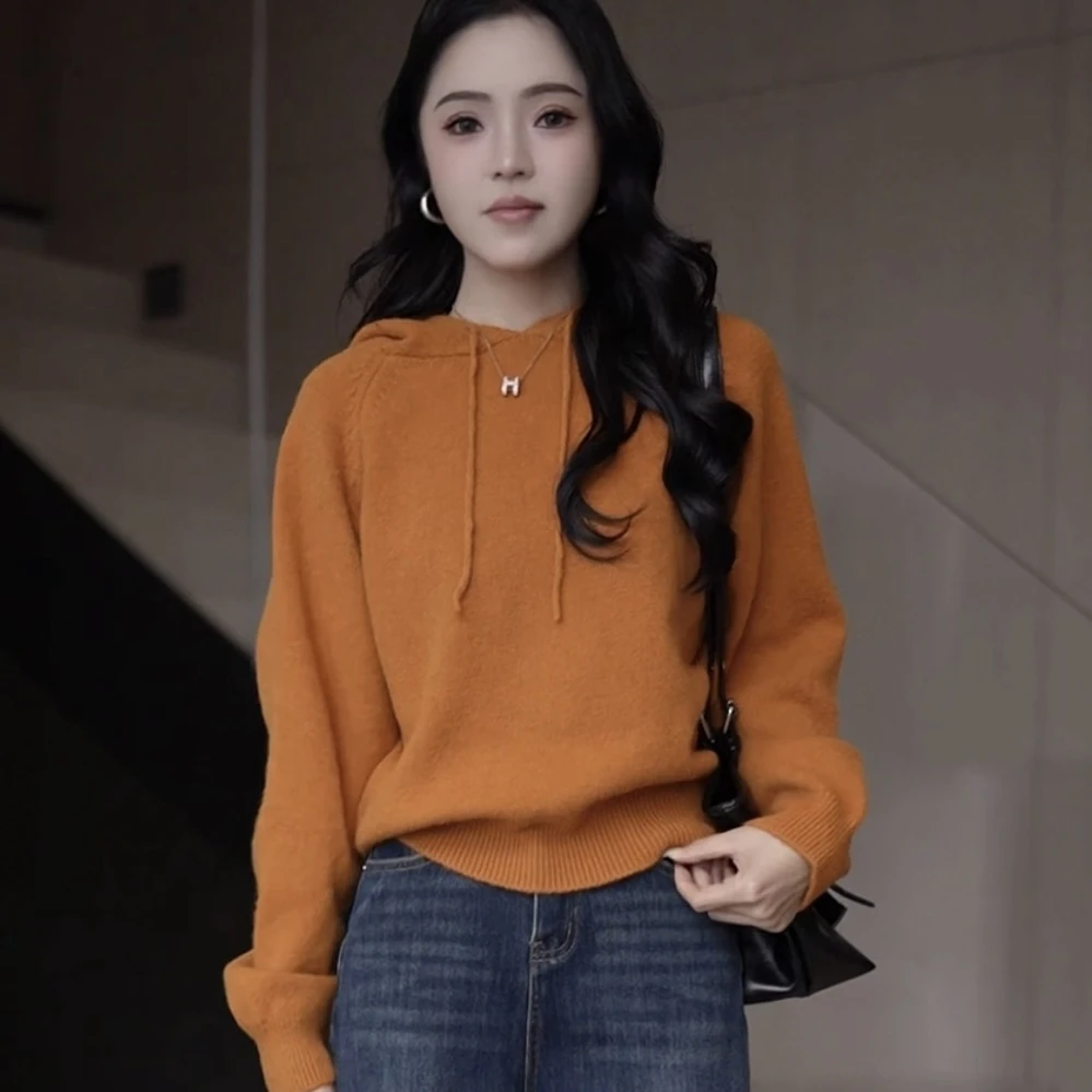 8841韩系简约设计感百搭连帽针织衫女秋冬新款宽松显瘦长袖上衣