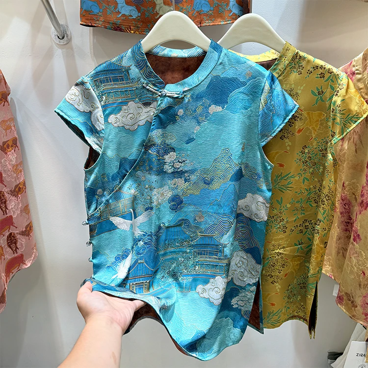 2025夏季新款韩版时尚立领国风斜盘扣蝴蝶印花人丝短袖衬衫女上衣