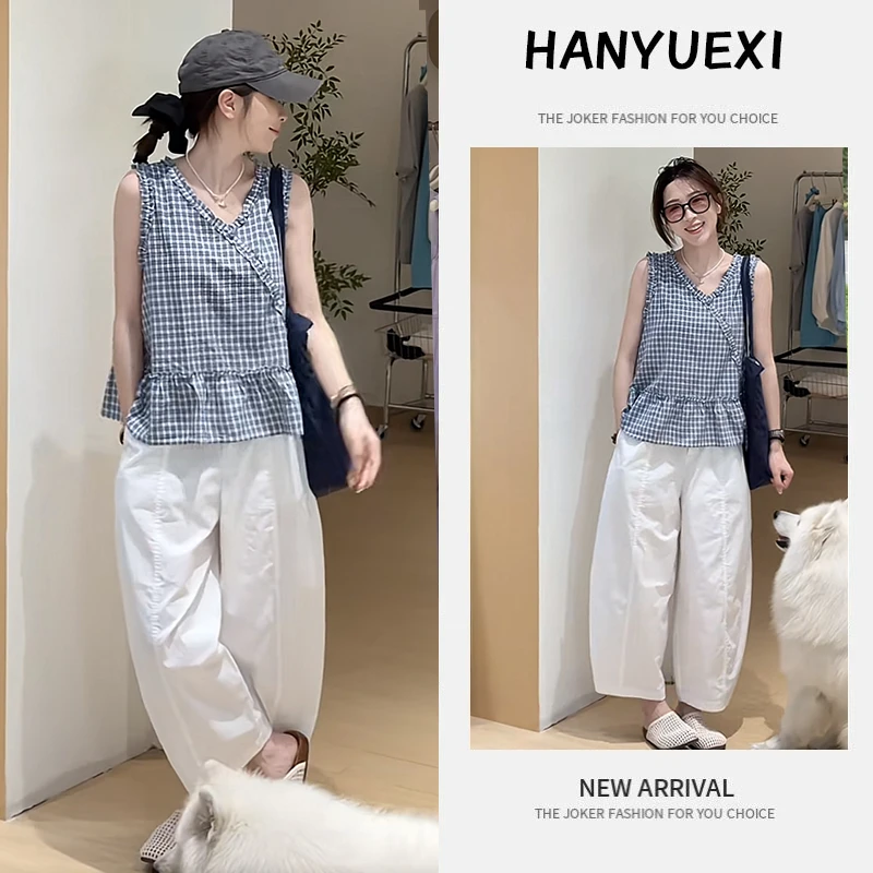 今年流行穿搭一整套2025新款花边减龄格子衬衫上衣休闲阔腿裤套装