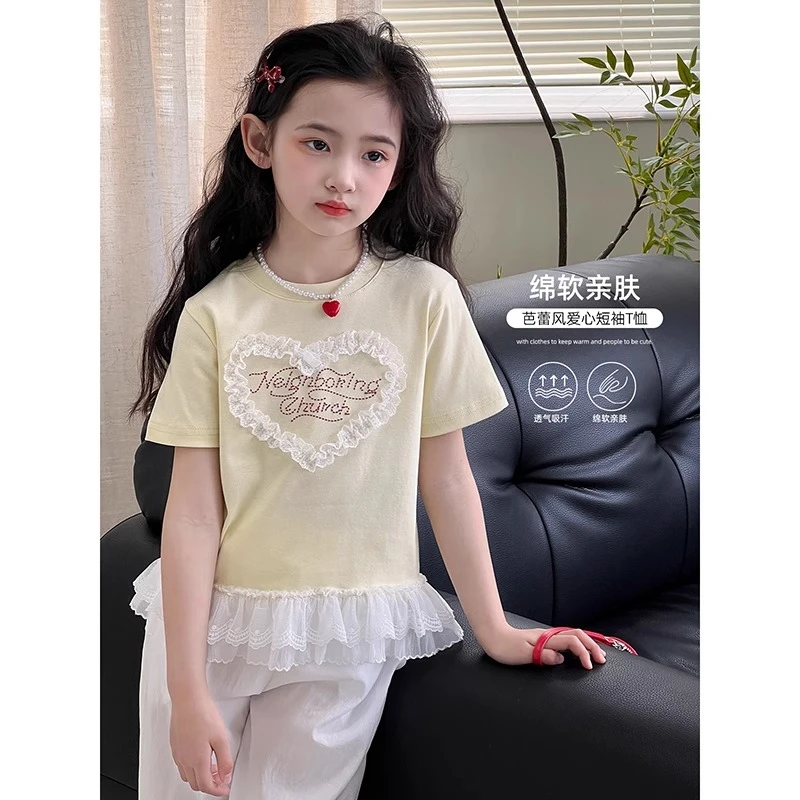 女童短袖T恤2025夏季新款儿童花边拼接上衣休闲打底衫25041505