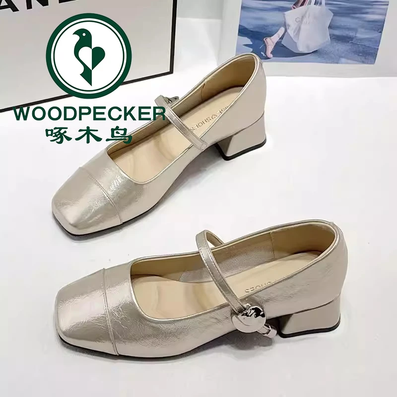 啄木鸟粗跟单鞋2025秋季新款仙女风浅口百搭配裙子方头玛丽珍女鞋