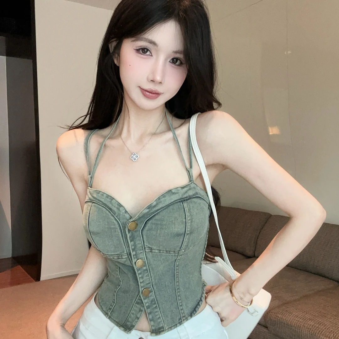 爆款法式复古热辣妹性感设计小众牛仔吊带女内搭外穿挂脖上衣