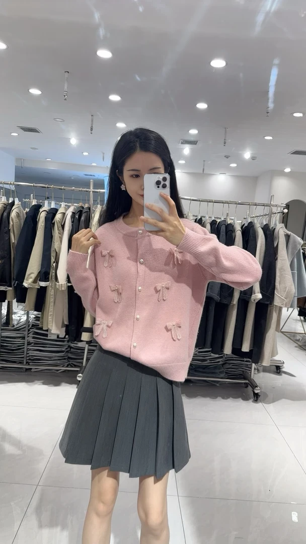 2521#蝴蝶结毛衣宽松型拼接长袖女毛针织衫时尚百搭开衫秋季