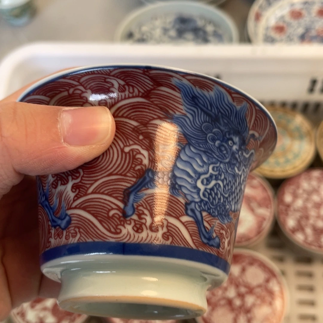 瓷片景德镇麒麟踏浪马蹄盖碗