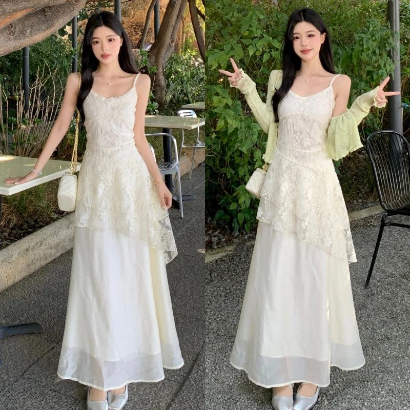 现货 2025新款大码春夏装 蕾丝吊带裙绿色开衫两件套胖MM