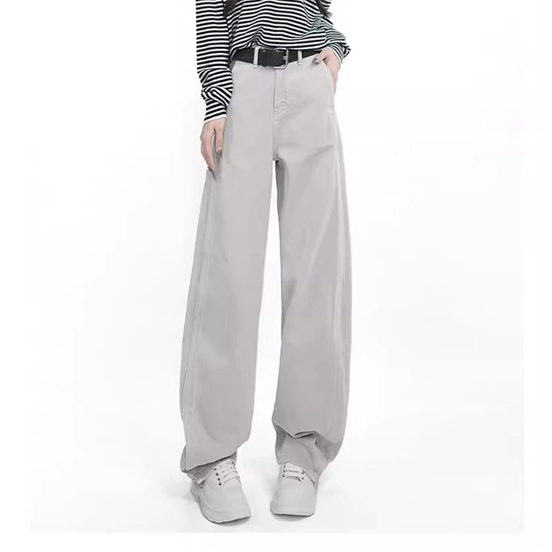 莫兰迪灰窄版牛仔裤女2025春秋款百搭宽松夏季镰刀垂感直筒阔腿裤