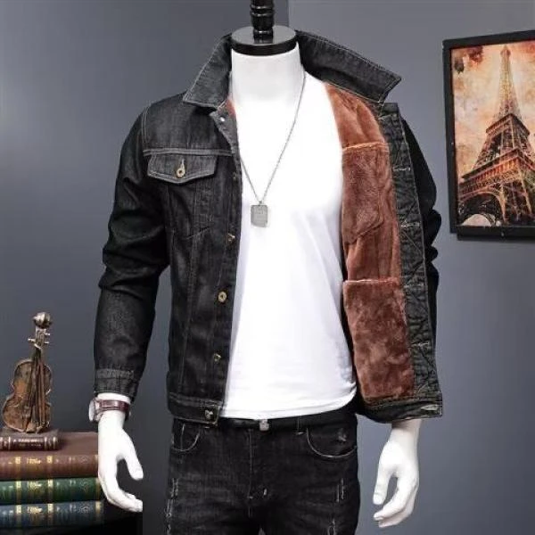 秋季加绒牛仔外套男修身潮流百搭帅气加厚保暖秋冬休闲时尚夹克