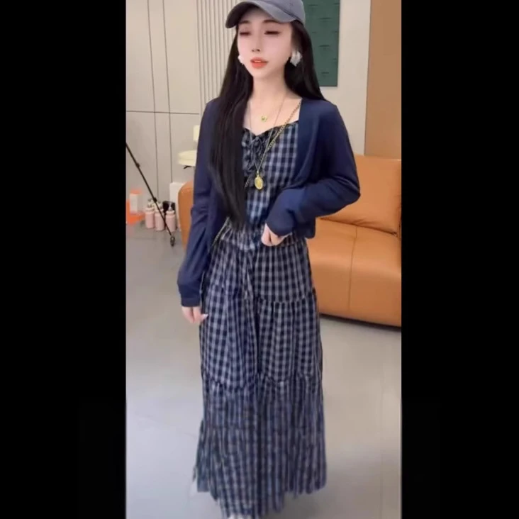 2025夏季显瘦气质复古法式时尚格子防晒开衫吊带半身裙防晒外套女