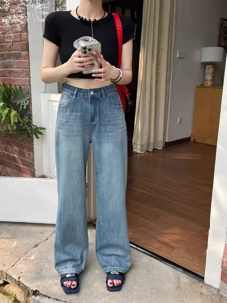 85866夏季超薄高腰宽松窄版阔腿牛仔裤女显瘦直筒长裤