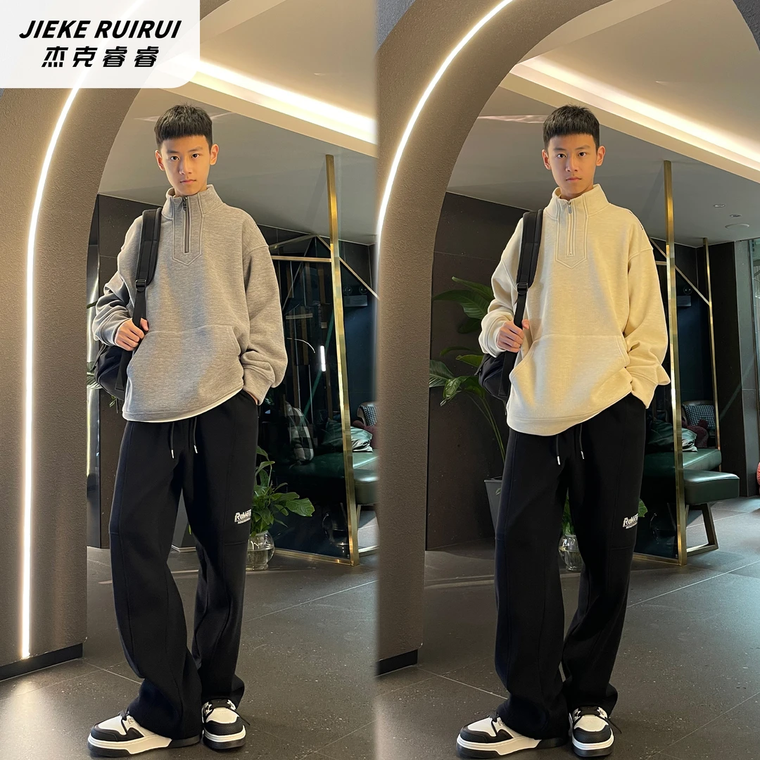 【欧】冬简约加绒/薄款半拉链立领加绒卫衣大童亲子宽松休闲上衣