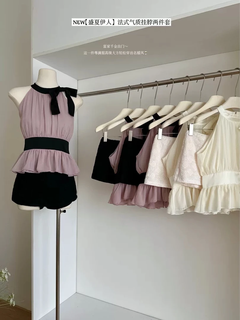 夏季新款法式绑带挂脖收腰纯欲风无袖背心女上衣