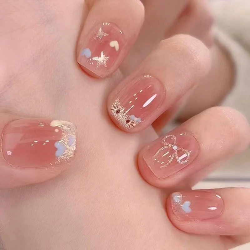 爆闪法式猫眼美甲穿戴甲片高级感手工腮红显白渐变KT学生秋冬短款