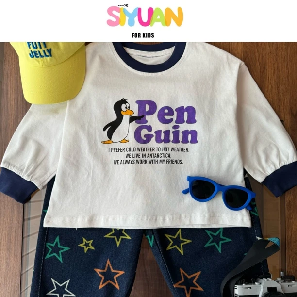 【思元定制】25054儿童企鹅印花百搭长袖T恤